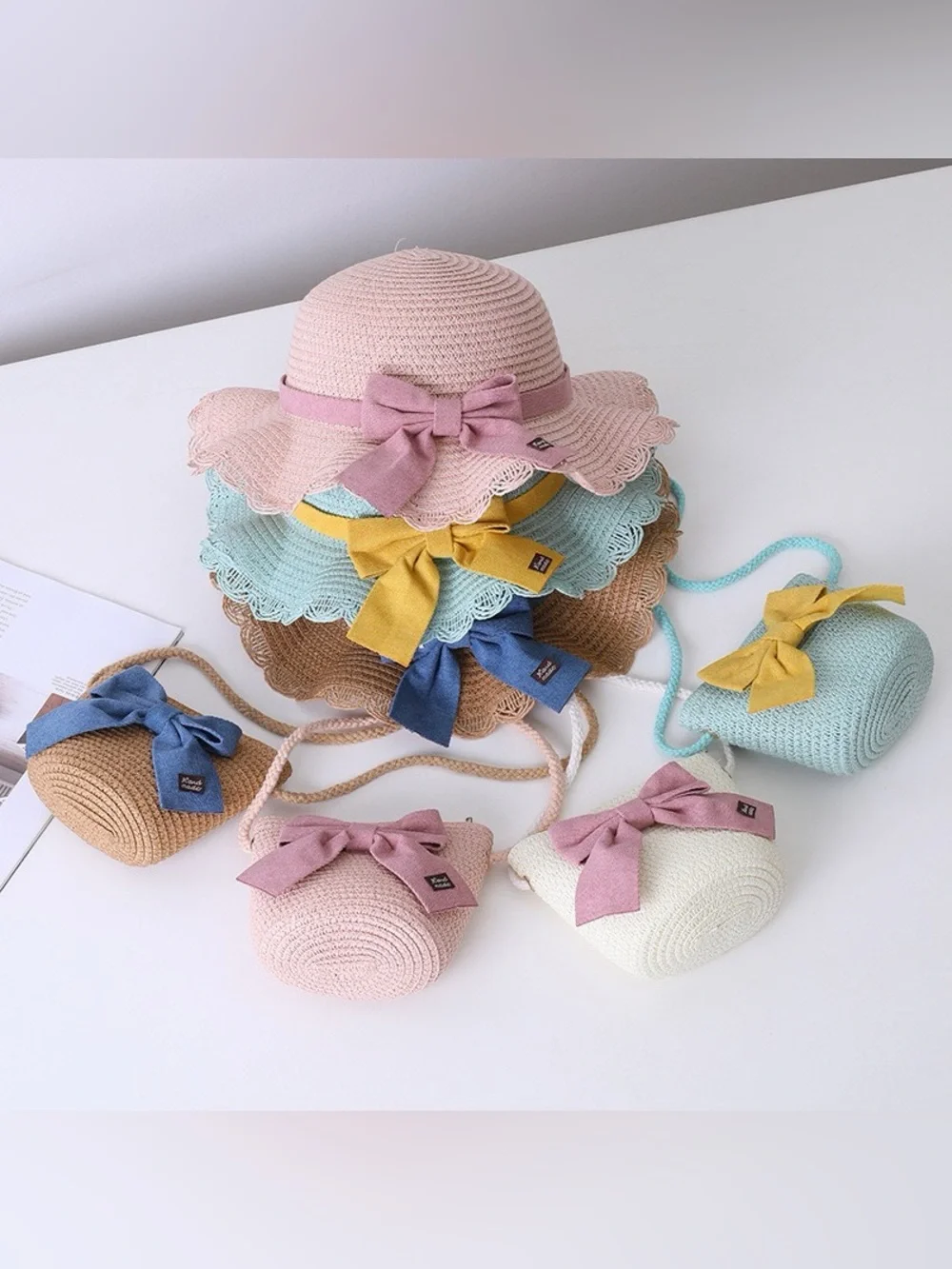 Kids Mint Green Straw Hat and Bag Set with Pink Bow